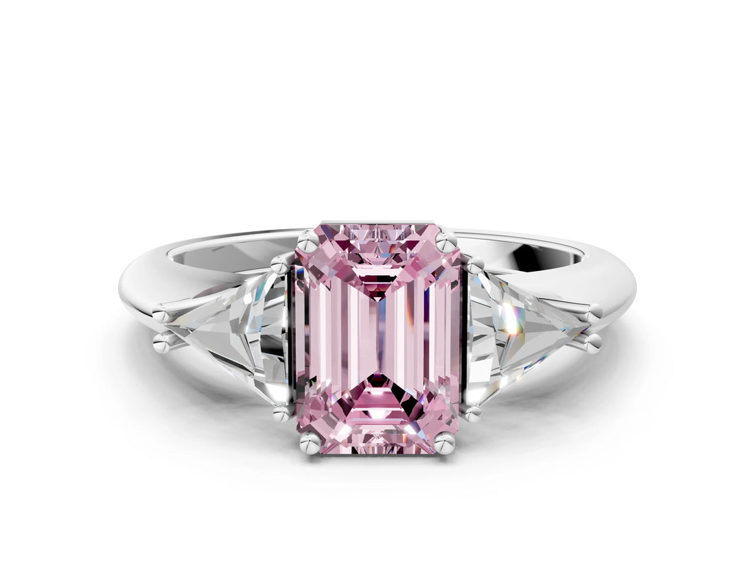 White gold Three-Stone Fancy Pink Emerald Cut Cut Diamond Ring with Trillion Side Stones and Four-Prong Setting_11