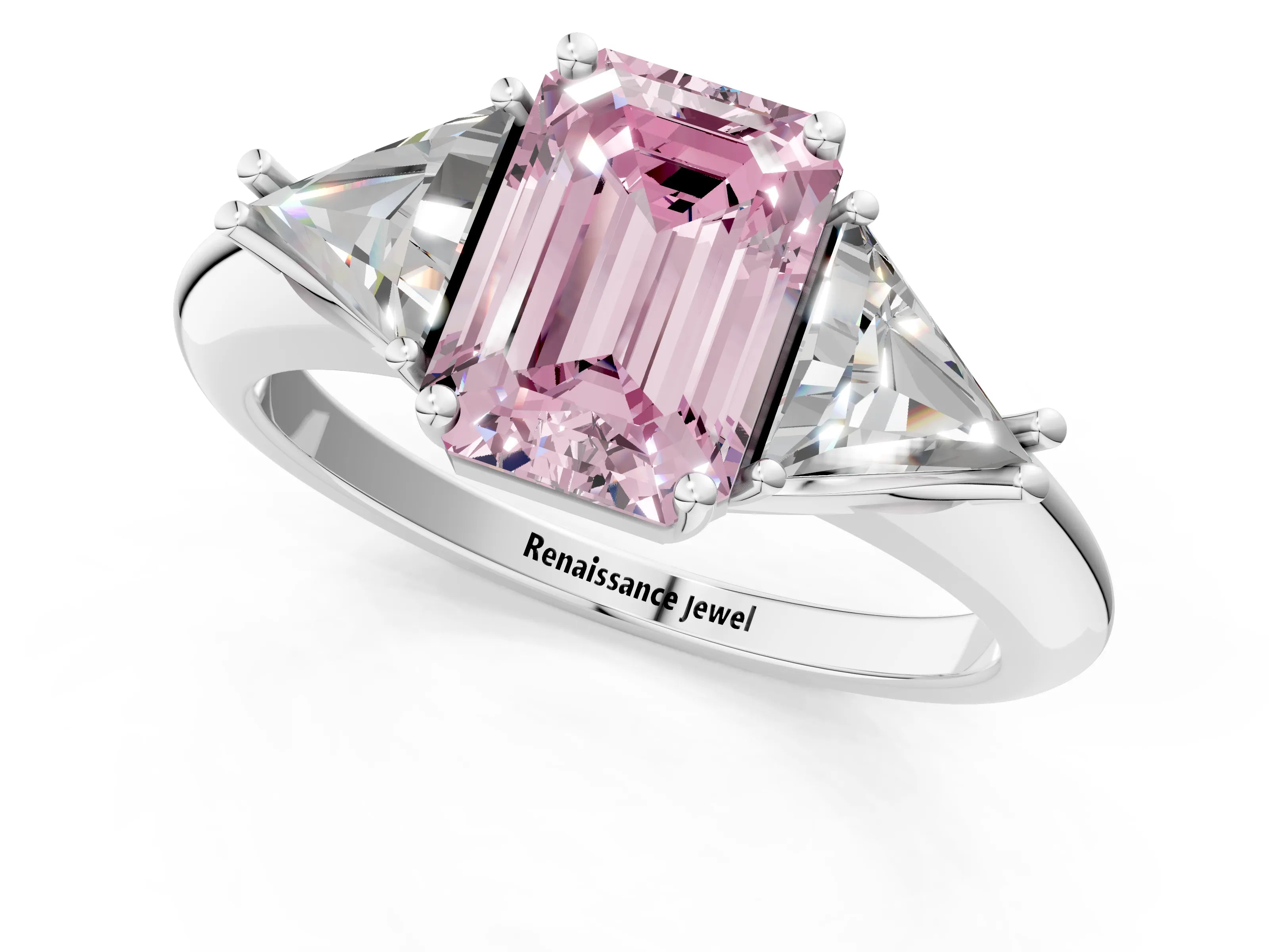 White gold Three-Stone Fancy Pink Emerald Cut Cut Diamond Ring with Trillion Side Stones and Four-Prong Setting_12