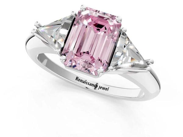 White gold Three-Stone Fancy Pink Emerald Cut Cut Diamond Ring with Trillion Side Stones and Four-Prong Setting