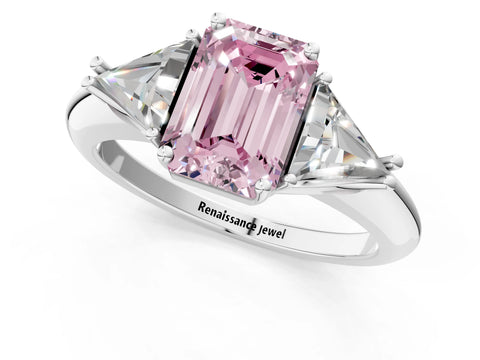 White gold Three-Stone Fancy Pink Emerald Cut Cut Diamond Ring with Trillion Side Stones and Four-Prong Setting_12