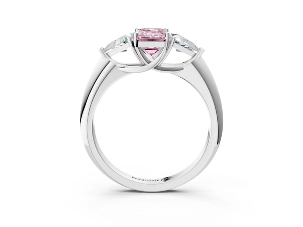 White gold Three-Stone Fancy Pink Emerald Cut Cut Diamond Ring with Trillion Side Stones and Four-Prong Setting