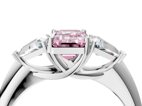White gold Three-Stone Fancy Pink Emerald Cut Cut Diamond Ring with Trillion Side Stones and Four-Prong Setting_15
