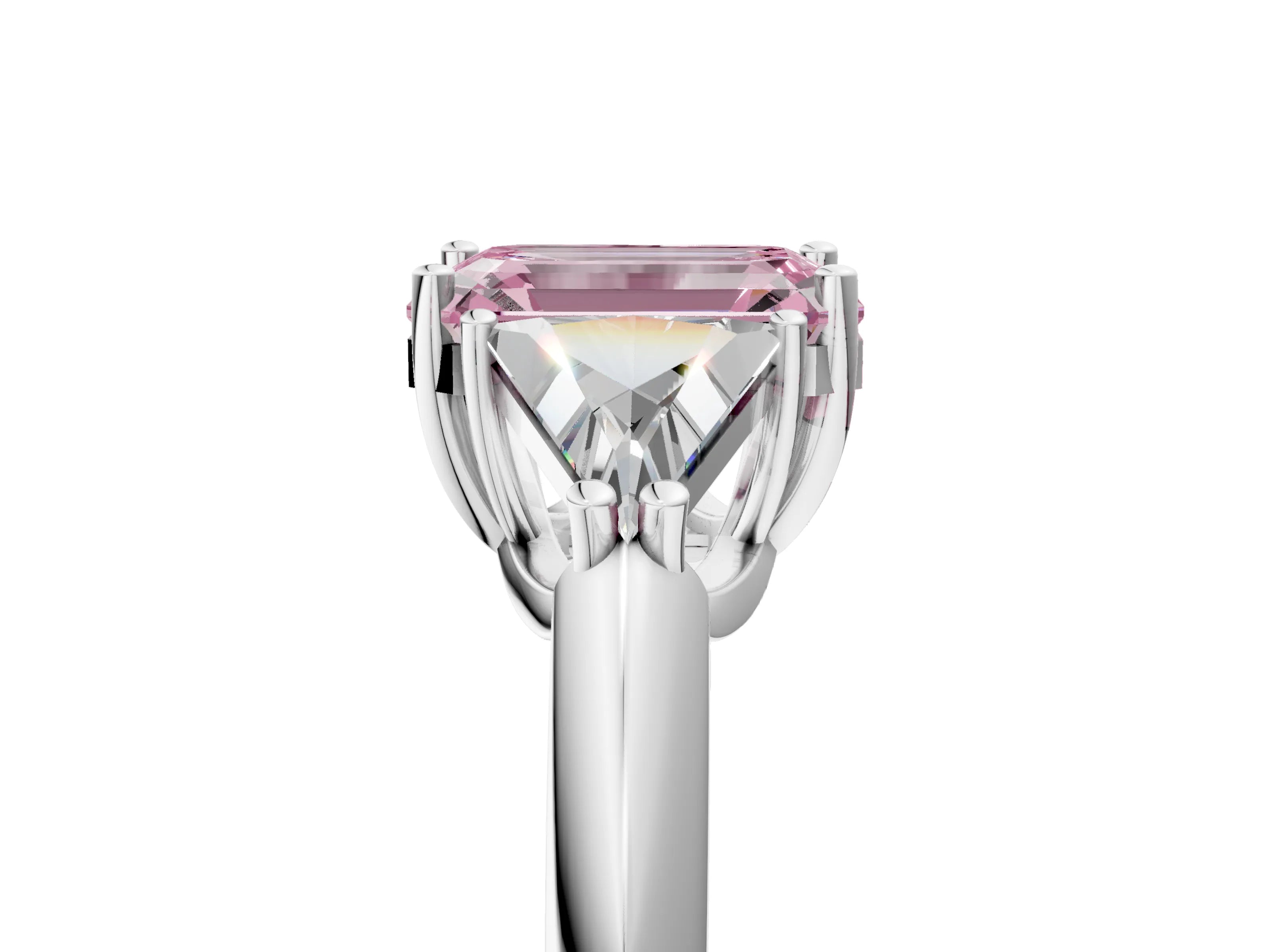 White gold Three-Stone Fancy Pink Emerald Cut Cut Diamond Ring with Trillion Side Stones and Four-Prong Setting_16