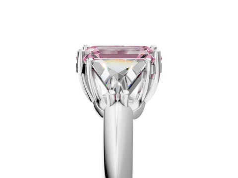 White gold Three-Stone Fancy Pink Emerald Cut Cut Diamond Ring with Trillion Side Stones and Four-Prong Setting_16