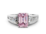 White gold Three-Stone Fancy Pink Emerald Cut Cut Diamond Ring with Trillion Side Stones on a Split Shank Band_12