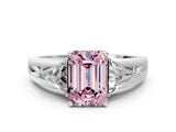 White gold Three-Stone Fancy Pink Emerald Cut Cut Diamond Ring with Trillion Side Stones on a Split Shank Band_30