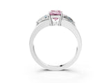 White gold Three-Stone Fancy Pink Emerald Cut Cut Diamond Ring with Trillion Side Stones on a Split Shank Band_3