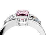 White gold Three-Stone Fancy Pink Emerald Cut Cut Diamond Ring with Trillion Side Stones on a Split Shank Band_4