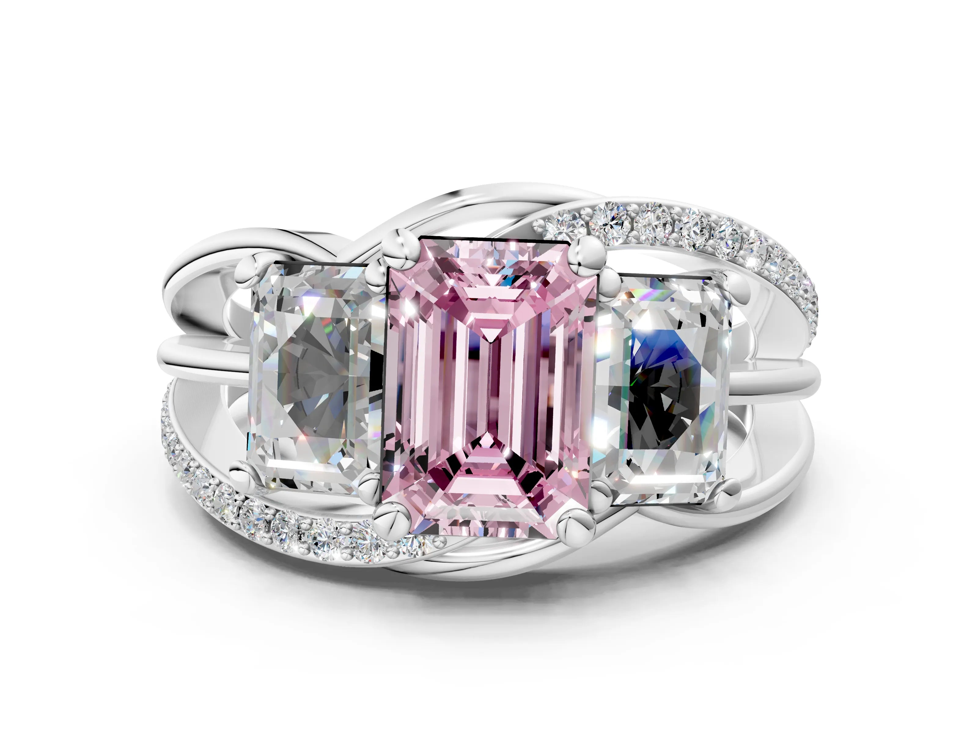White gold Three-Stone Fancy Pink Emerald Cut Cut Diamond Split Shank Prong Set Ring