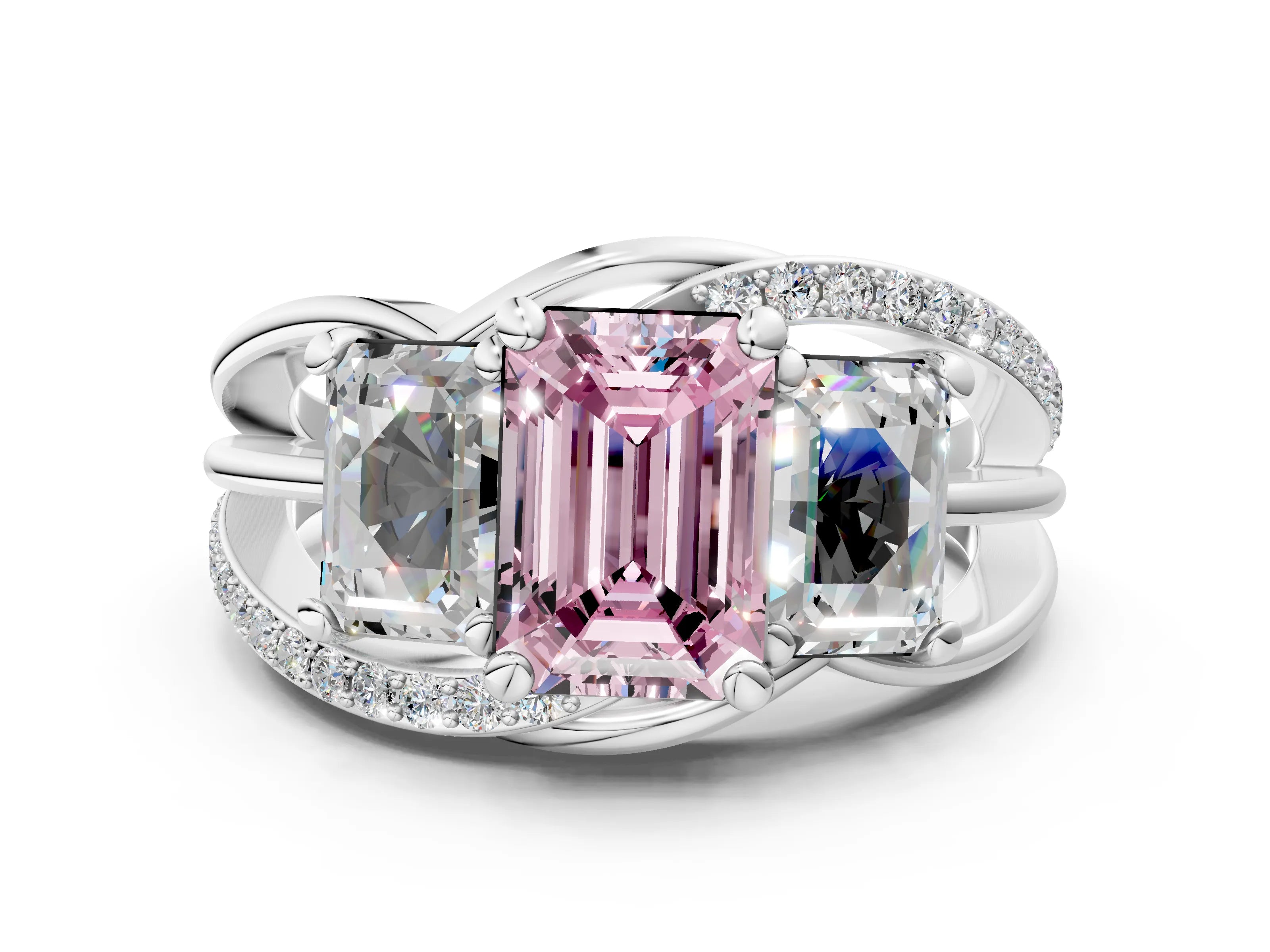 White gold Three-Stone Fancy Pink Emerald Cut Cut Diamond Split Shank Prong Set Ring_24