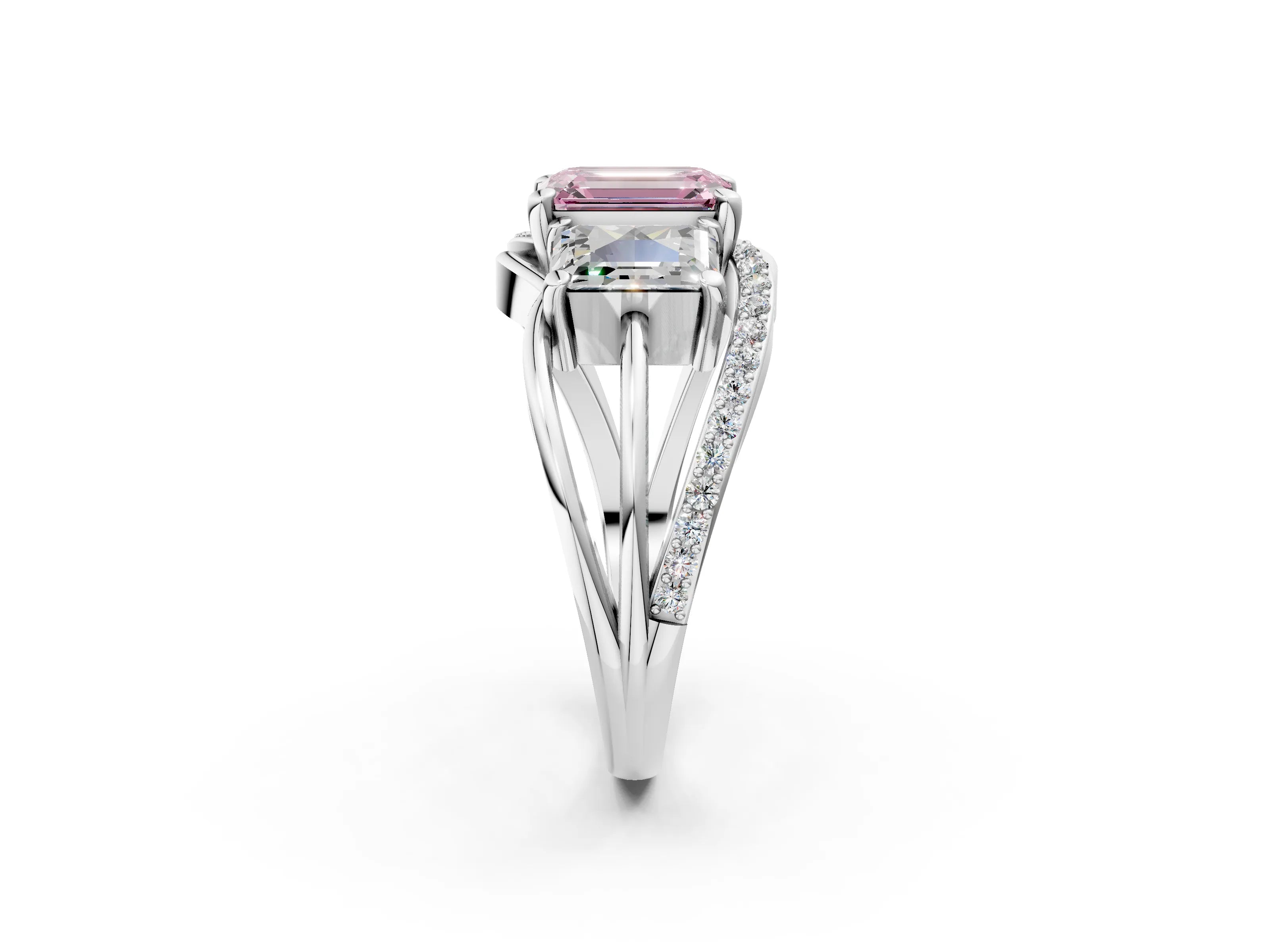 White gold Three-Stone Fancy Pink Emerald Cut Cut Diamond Split Shank Prong Set Ring_26