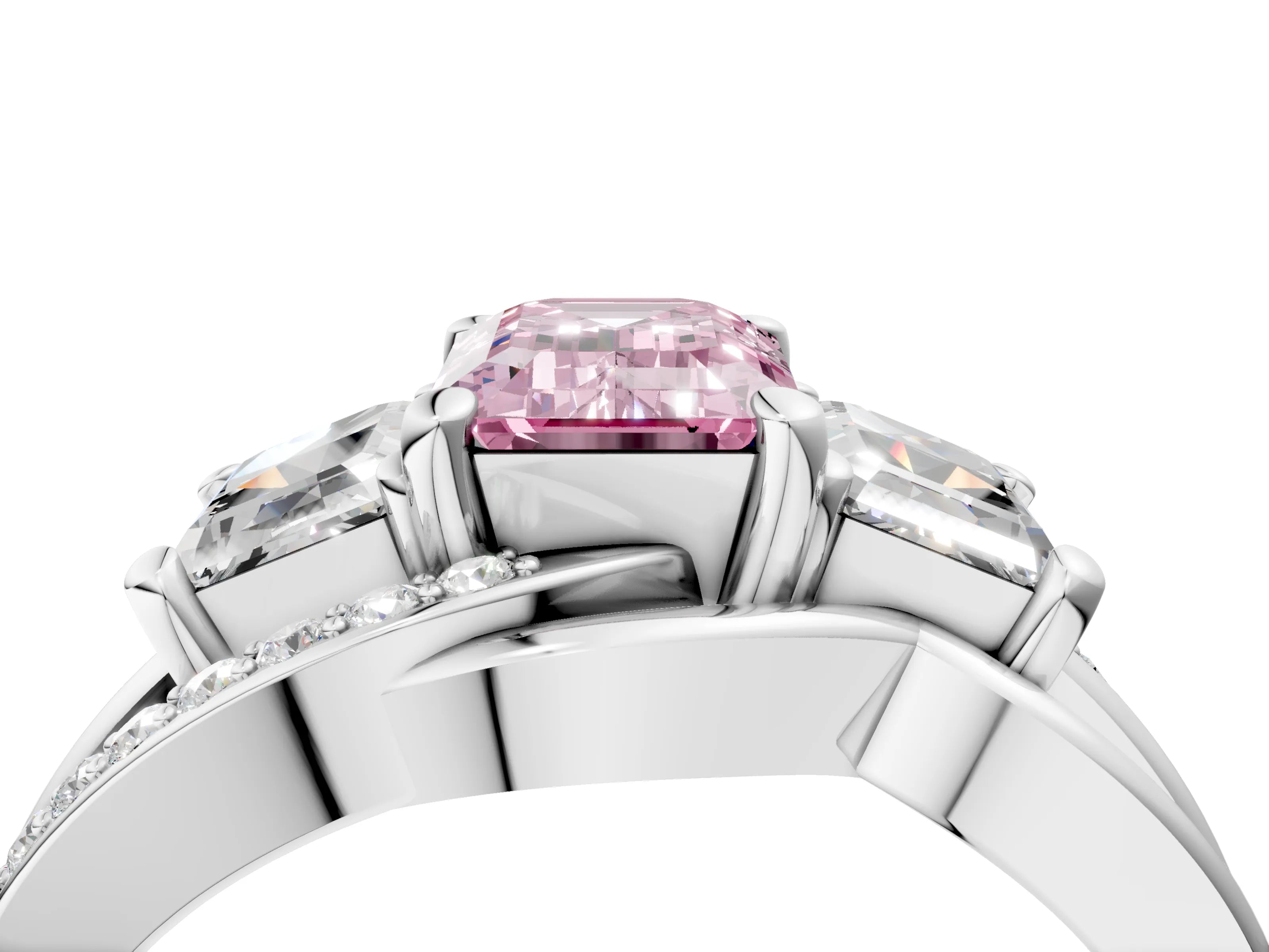 White gold Three-Stone Fancy Pink Emerald Cut Cut Diamond Split Shank Prong Set Ring_28