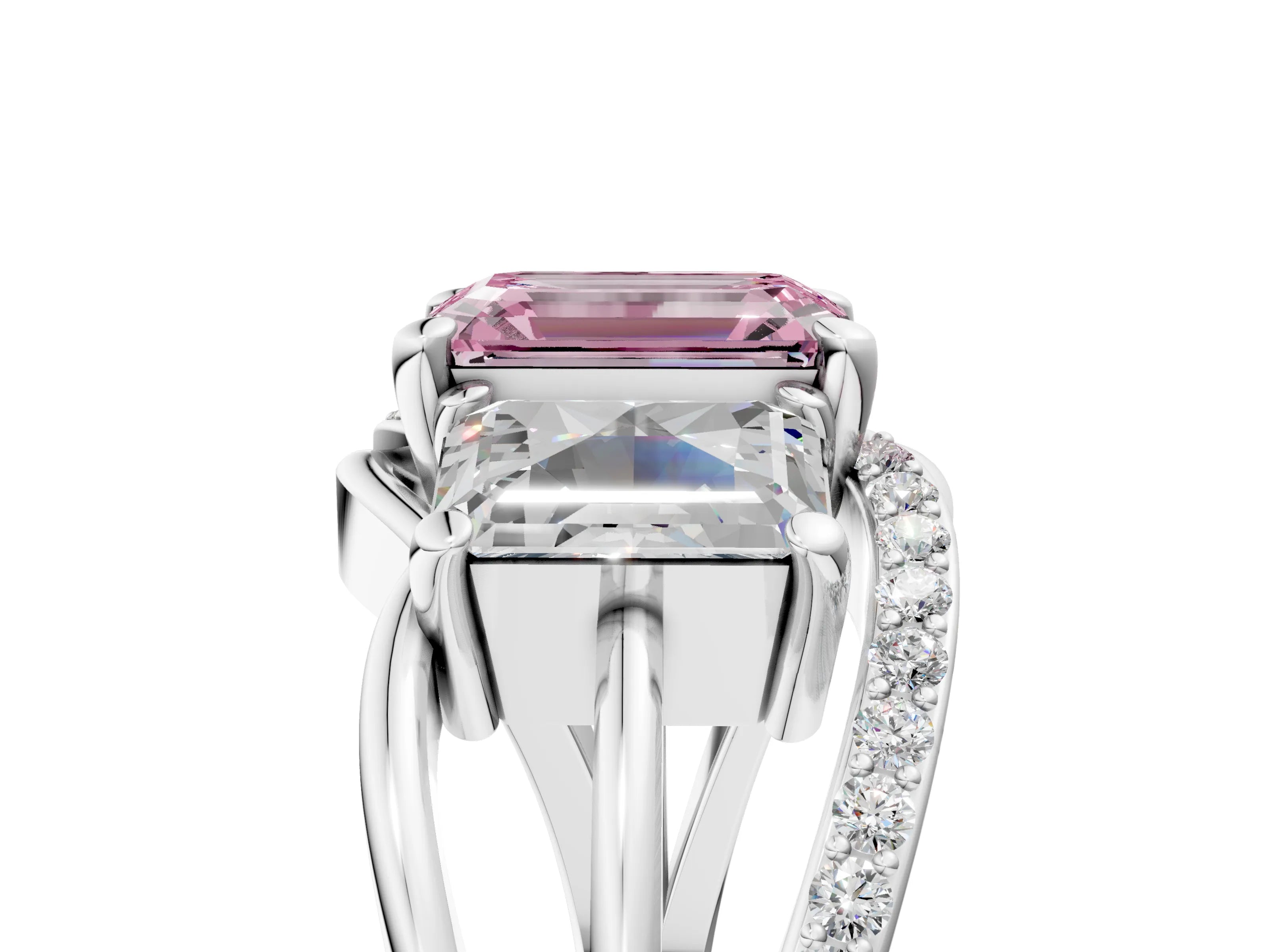 White gold Three-Stone Fancy Pink Emerald Cut Cut Diamond Split Shank Prong Set Ring_29