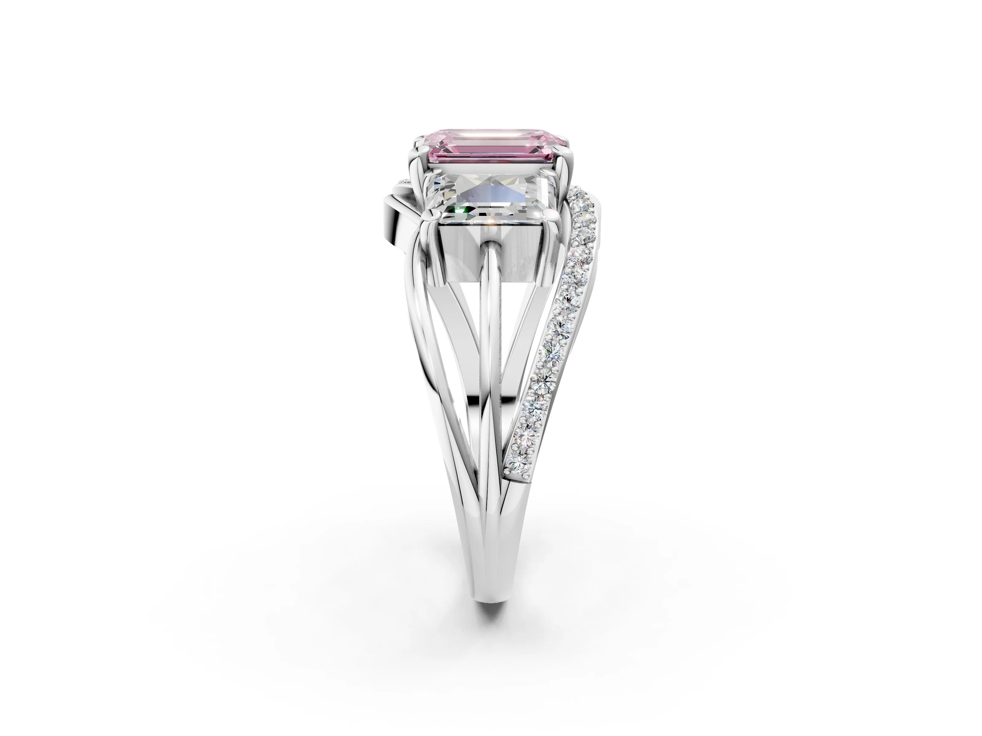 White gold Three-Stone Fancy Pink Emerald Cut Cut Diamond Split Shank Prong Set Ring_2