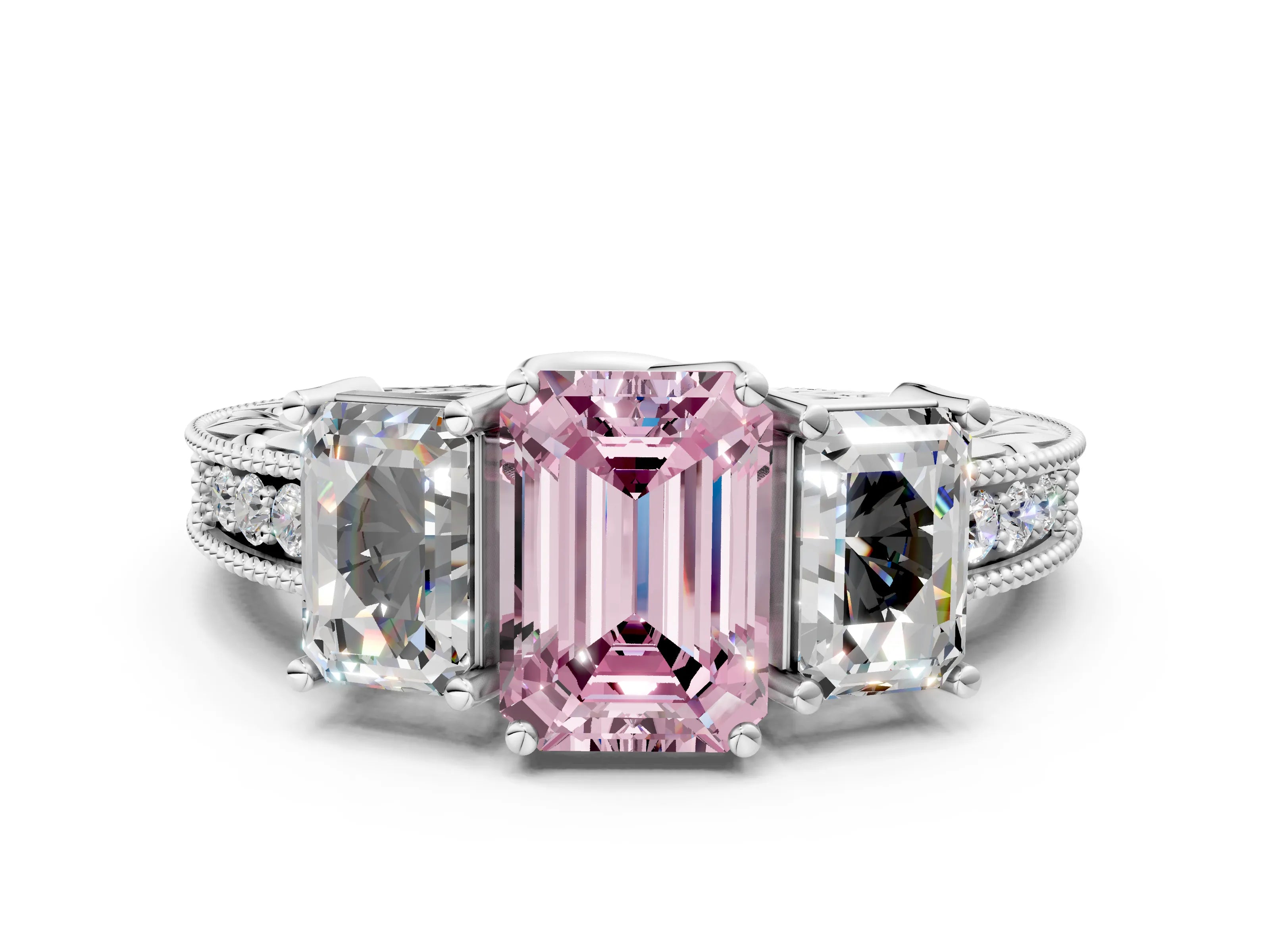 White gold Three-Stone Fancy Pink Emerald Cut Cut Milgrain Pavé Engagement Ring_12