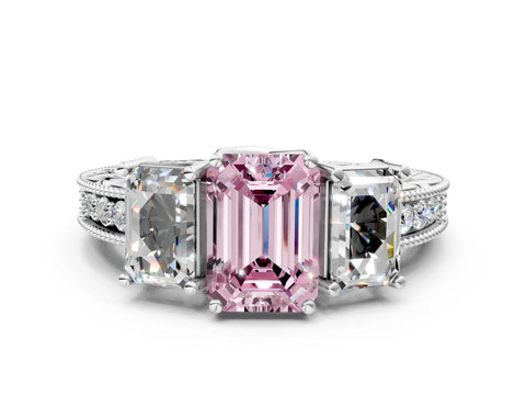 White gold Three-Stone Fancy Pink Emerald Cut Cut Milgrain Pavé Engagement Ring_12