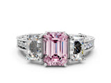 Silver Three-Stone 1.02 Carat E VS1 Emerald Cut Milgrain Pavé Engagement Ring