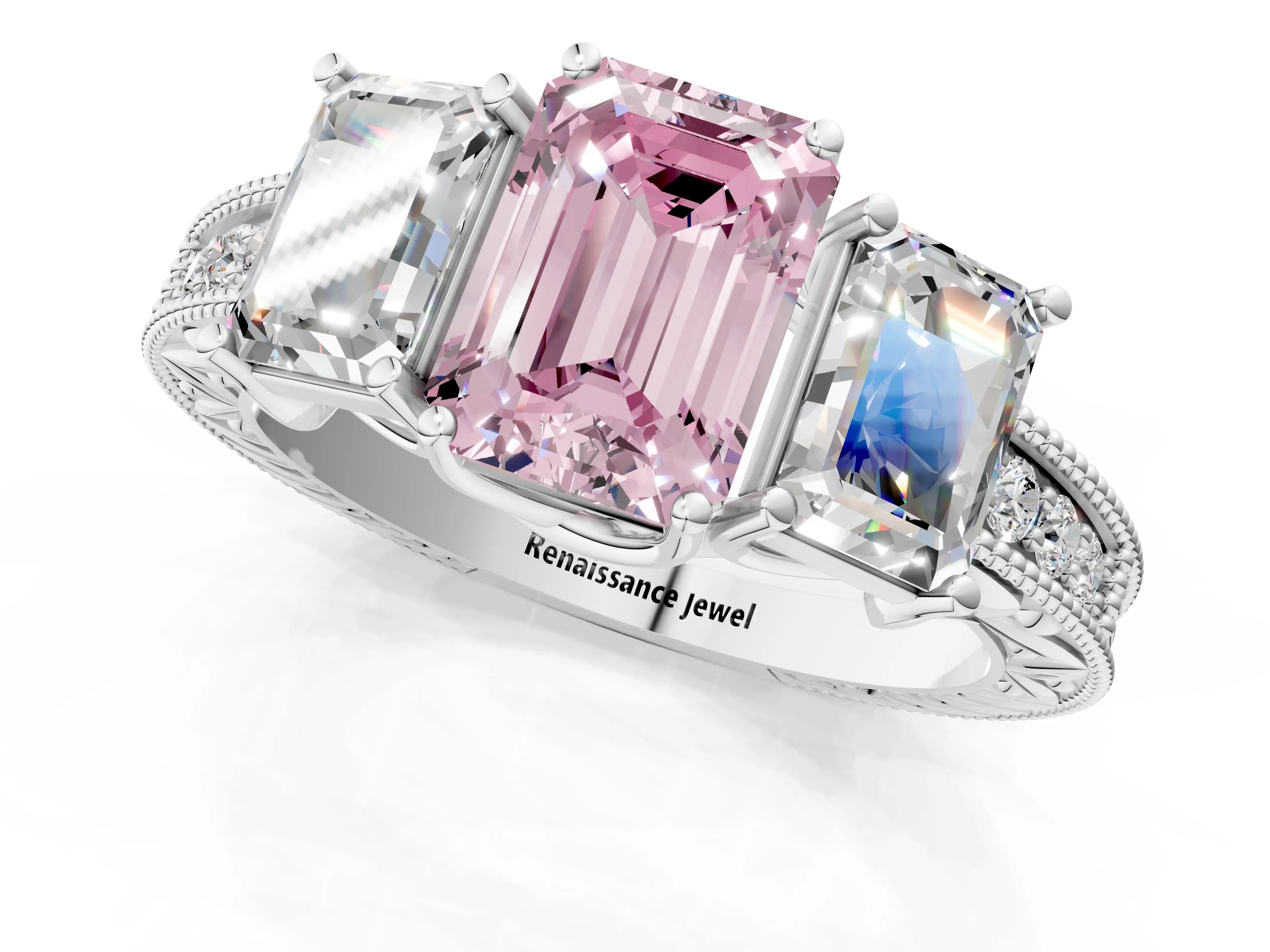White gold Three-Stone Fancy Pink Emerald Cut Cut Milgrain Pavé Engagement Ring_13