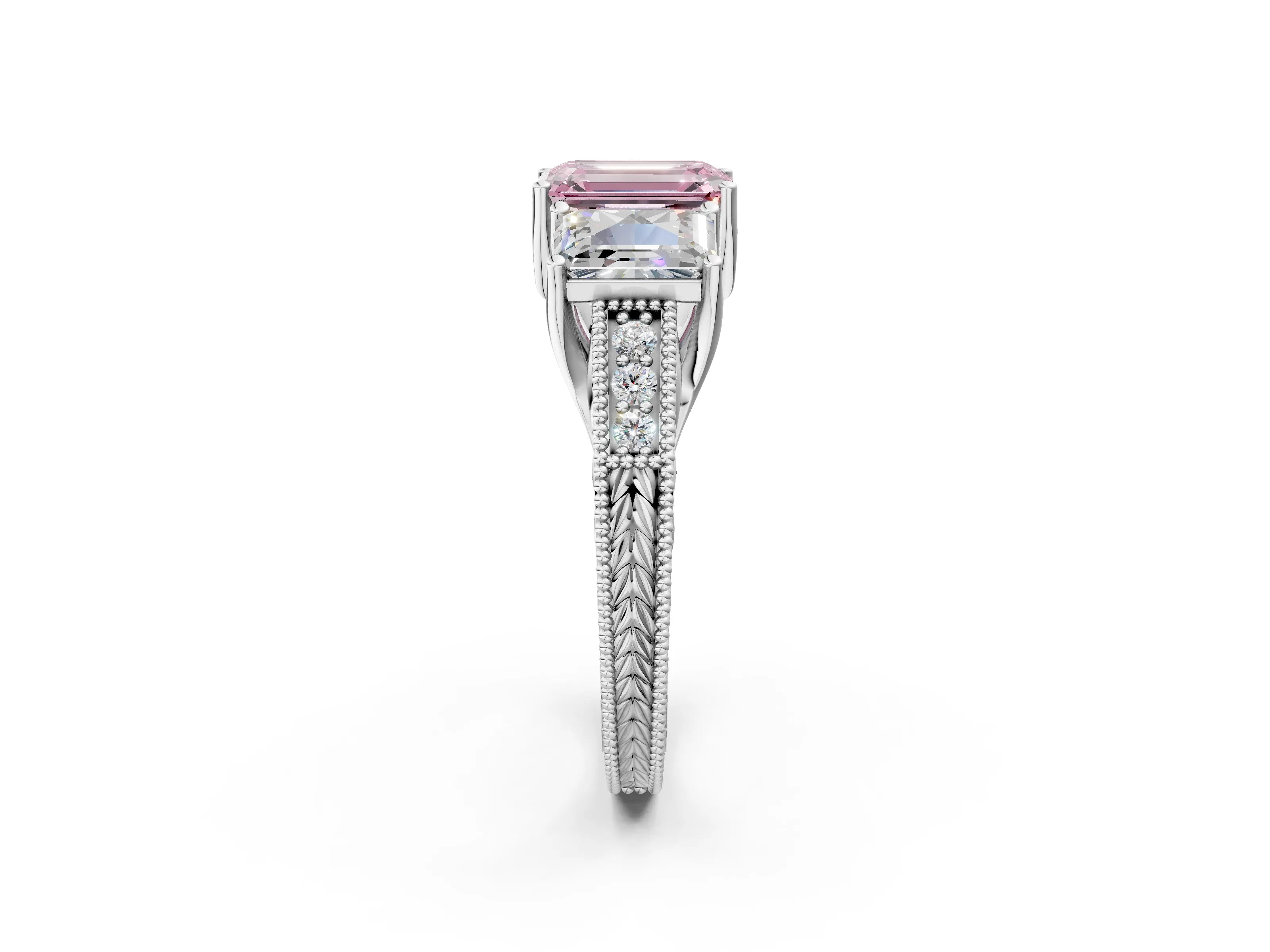 White gold Three-Stone Fancy Pink Emerald Cut Cut Milgrain Pavé Engagement Ring_14