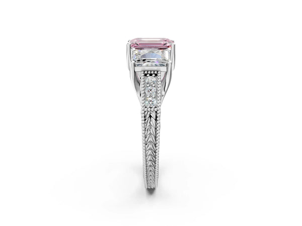 Silver Three-Stone 1.02 Carat E VS1 Emerald Cut Milgrain Pavé Engagement Ring