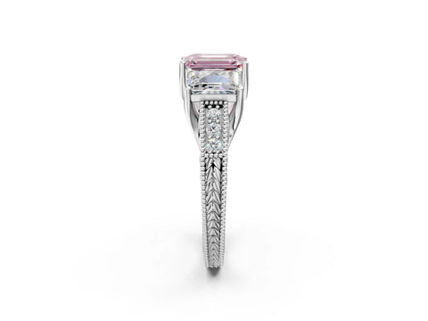 White gold Three-Stone Fancy Pink Emerald Cut Cut Milgrain Pavé Engagement Ring_14