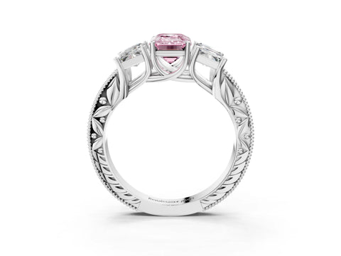 White gold Three-Stone Fancy Pink Emerald Cut Cut Milgrain Pavé Engagement Ring_15