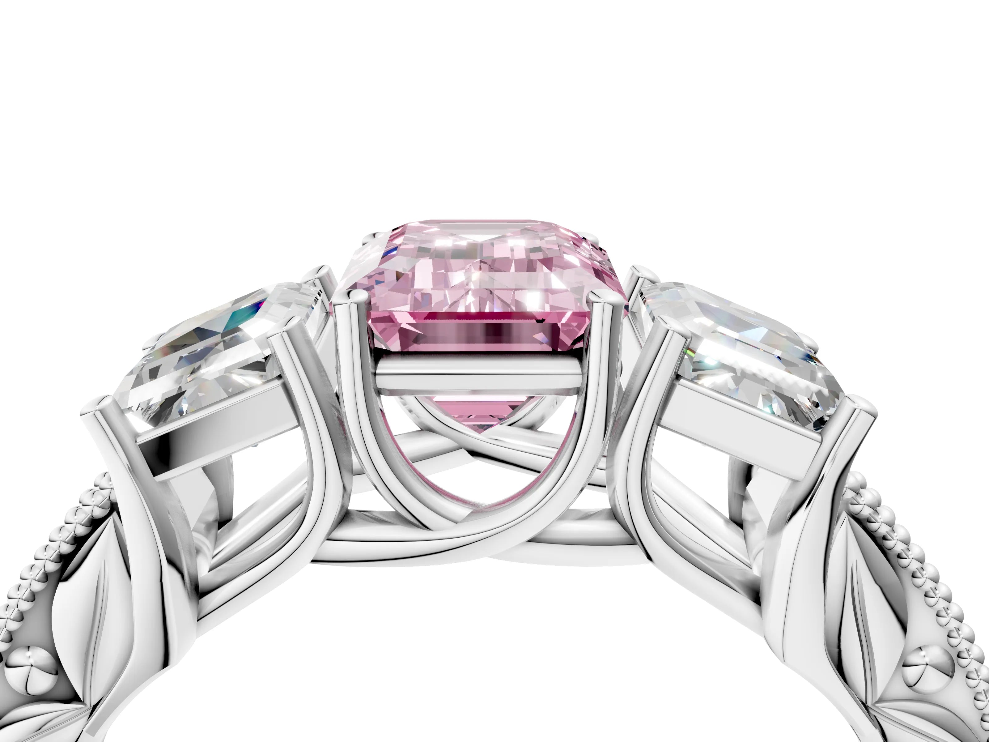 White gold Three-Stone Fancy Pink Emerald Cut Cut Milgrain Pavé Engagement Ring_16
