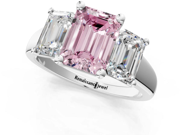 White gold Three-Stone Fancy Pink Emerald Cut Cut Solitaire Ring with Classic Prong Setting