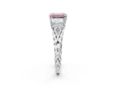 18K White Gold Three-Stone 3.01 Carat Pink VVS2 Emerald Diamond Braided Band Ring with Four-Prong Setting