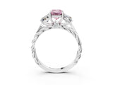 18K White Gold Three-Stone 3.01 Carat Pink VVS2 Emerald Diamond Braided Band Ring with Four-Prong Setting