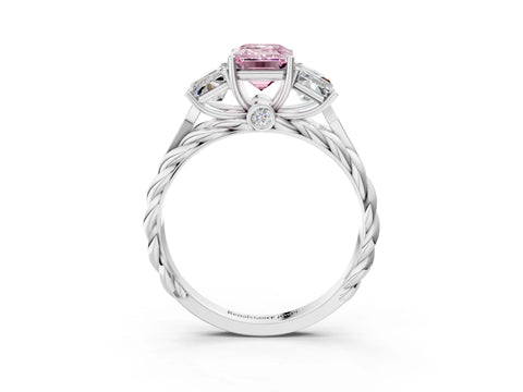 18K White Gold Three-Stone 3.01 Carat Pink VVS2 Emerald Diamond Braided Band Ring with Four-Prong Setting