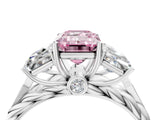 18K White Gold Three-Stone 3.01 Carat Pink VVS2 Emerald Diamond Braided Band Ring with Four-Prong Setting
