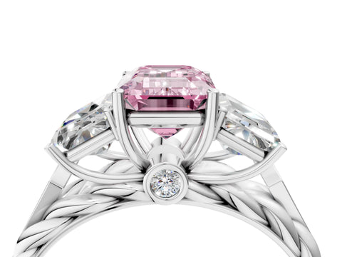 18K White Gold Three-Stone 3.01 Carat Pink VVS2 Emerald Diamond Braided Band Ring with Four-Prong Setting