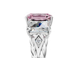 18K White Gold Three-Stone 3.01 Carat Pink VVS2 Emerald Diamond Braided Band Ring with Four-Prong Setting