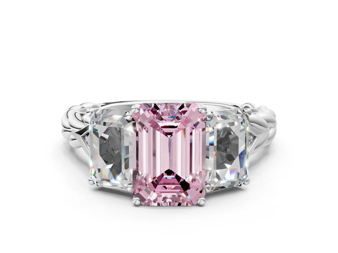 18K White Gold Three-Stone 3.01 Carat Pink VVS2 Emerald Diamond Braided Band Ring with Four-Prong Setting