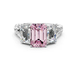 18K White Gold Three-Stone 3.01 Carat Pink VVS2 Emerald Diamond Braided Band Ring with Four-Prong Setting
