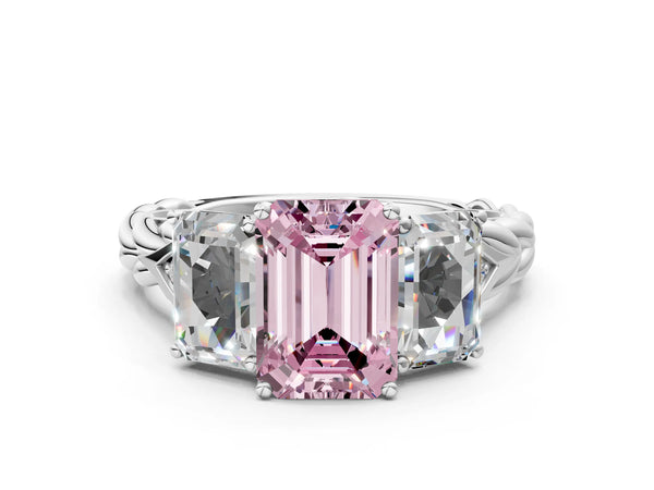 18K White Gold Three-Stone 3.01 Carat Pink VVS2 Emerald Diamond Braided Band Ring with Four-Prong Setting