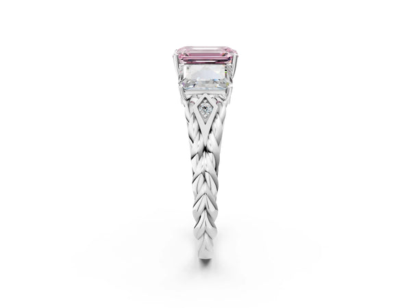 18K White Gold Three-Stone 3.01 Carat Pink VVS2 Emerald Diamond Braided Band Ring with Four-Prong Setting
