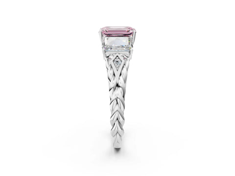 18K White Gold Three-Stone 3.01 Carat Pink VVS2 Emerald Diamond Braided Band Ring with Four-Prong Setting