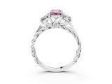 18K White Gold Three-Stone 3.01 Carat Pink VVS2 Emerald Diamond Braided Band Ring with Four-Prong Setting