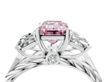 18K White Gold Three-Stone 3.01 Carat Pink VVS2 Emerald Diamond Braided Band Ring with Four-Prong Setting