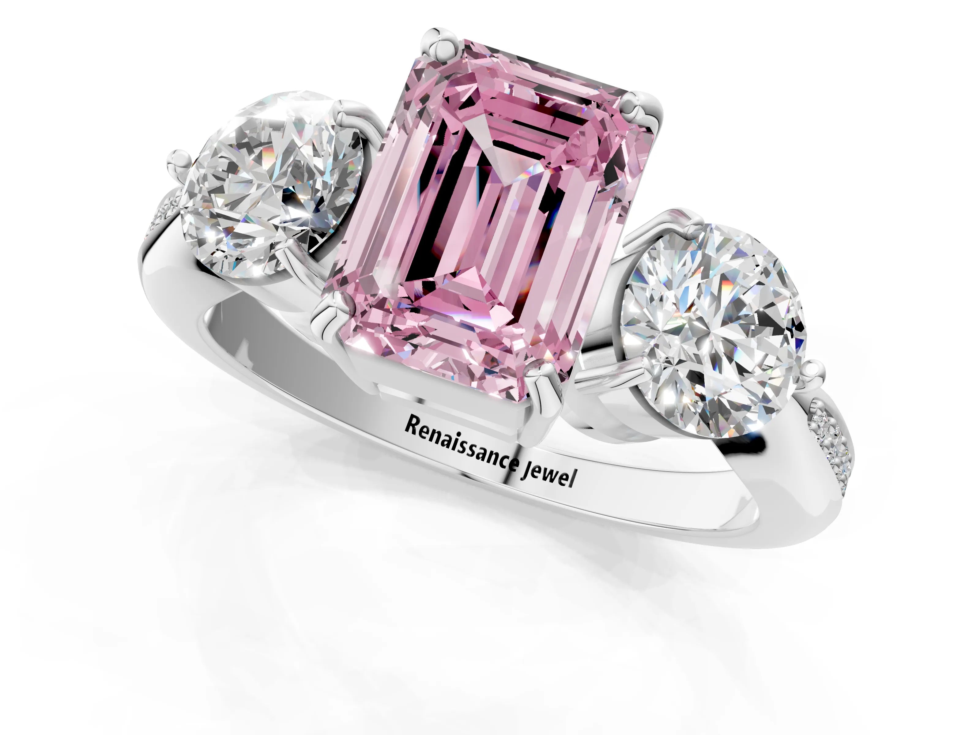 White gold Three-Stone Fancy Pink Emerald Cut Diamond Channel Set Engagement Ring with Prong Setting_25