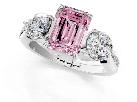 White gold Three-Stone Fancy Pink Emerald Cut Diamond Channel Set Engagement Ring with Prong Setting_25