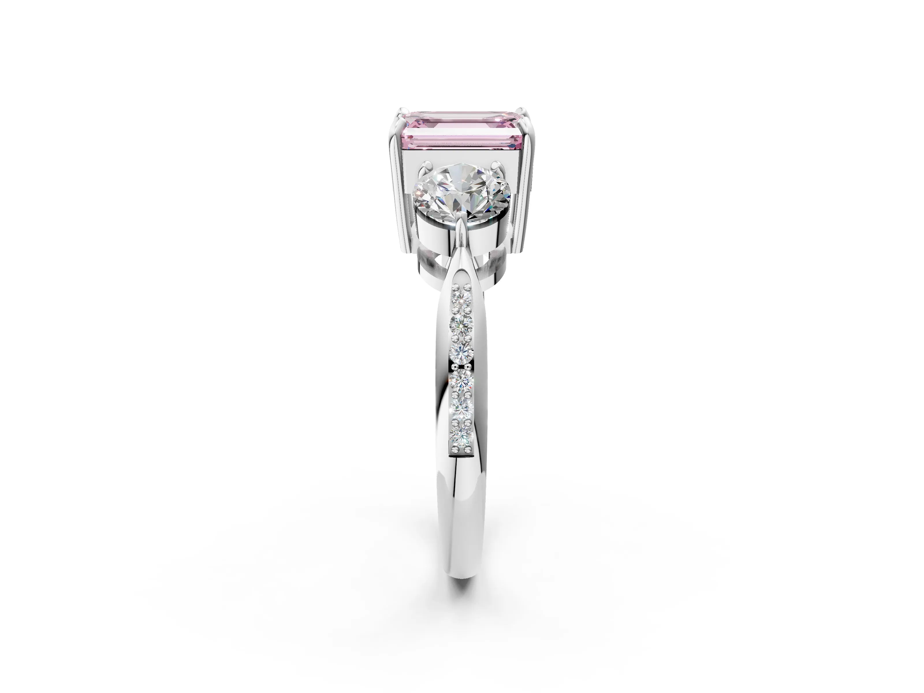 White gold Three-Stone Fancy Pink Emerald Cut Diamond Channel Set Engagement Ring with Prong Setting_26