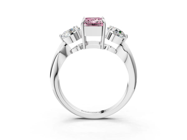 Platinum Three-Stone Fancy Pink Emerald Cut Diamond Channel Set Engagement Ring with Prong Setting