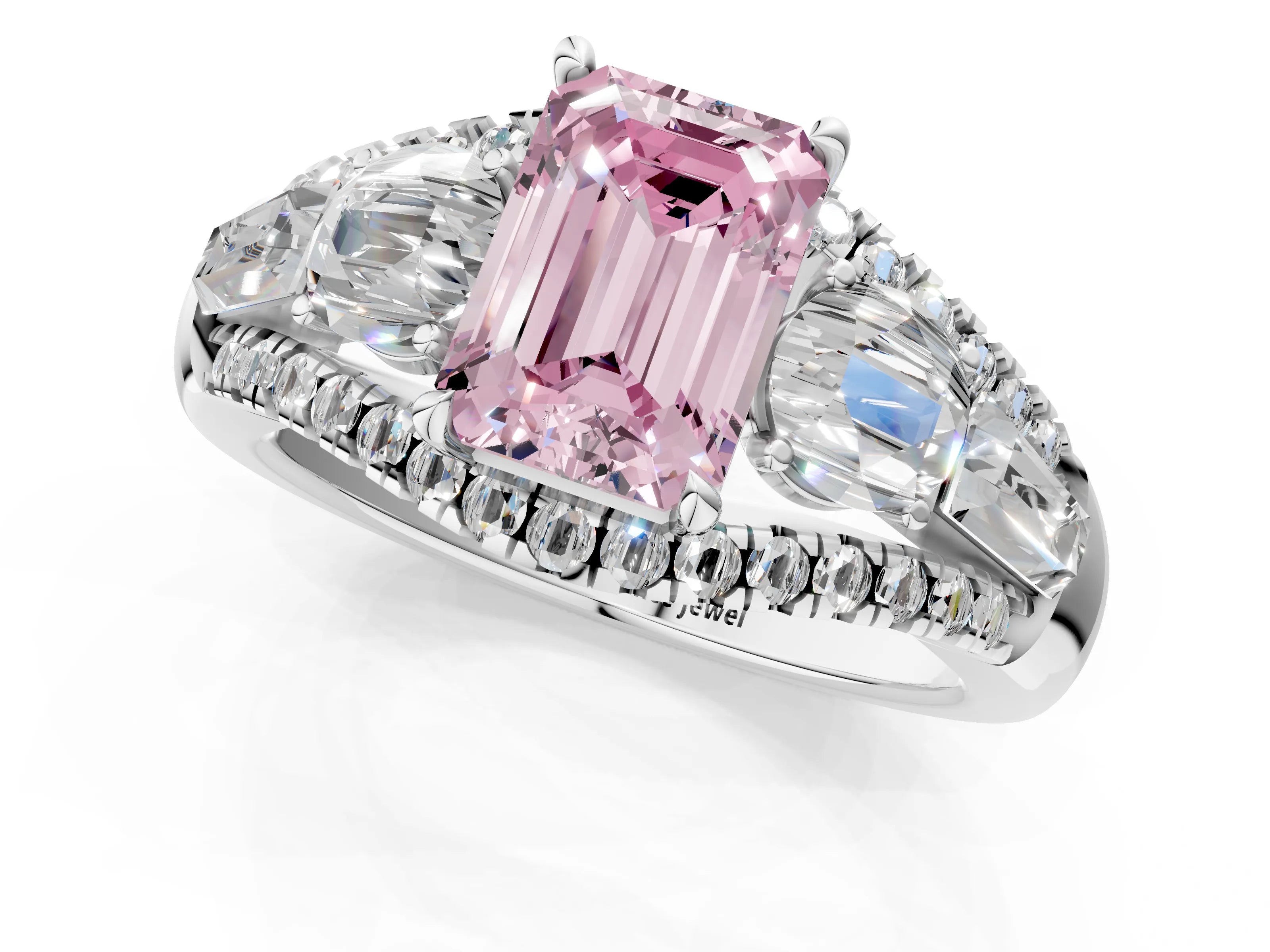 White gold Three-Stone Fancy Pink Emerald Cut Diamond Engagement Ring with Pave Band and Prong Setting_19