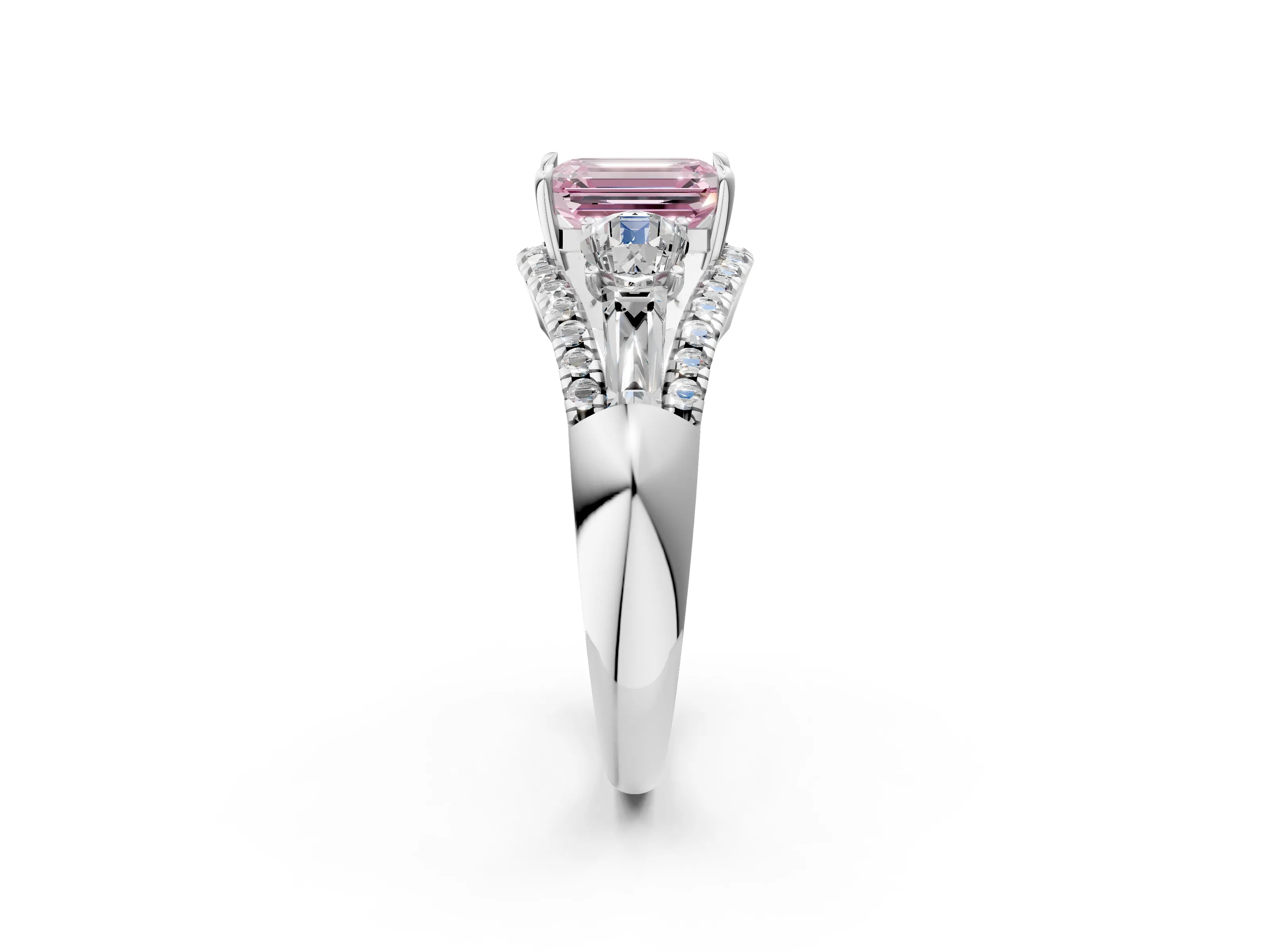 White gold Three-Stone Fancy Pink Emerald Cut Diamond Engagement Ring with Pave Band and Prong Setting_20