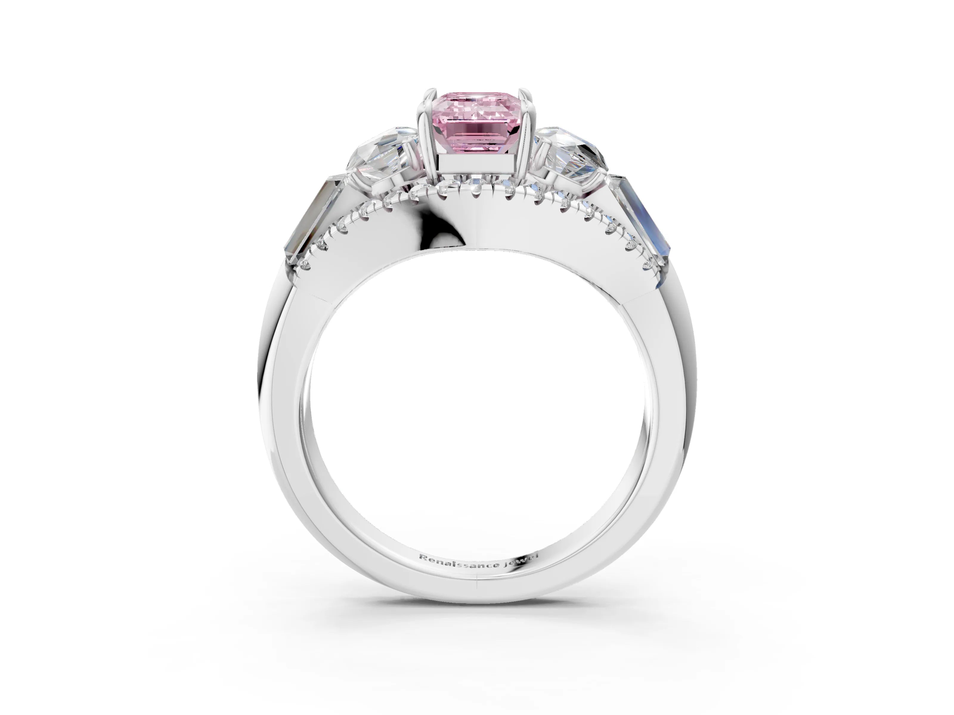 White gold Three-Stone Fancy Pink Emerald Cut Diamond Engagement Ring with Pave Band and Prong Setting_21