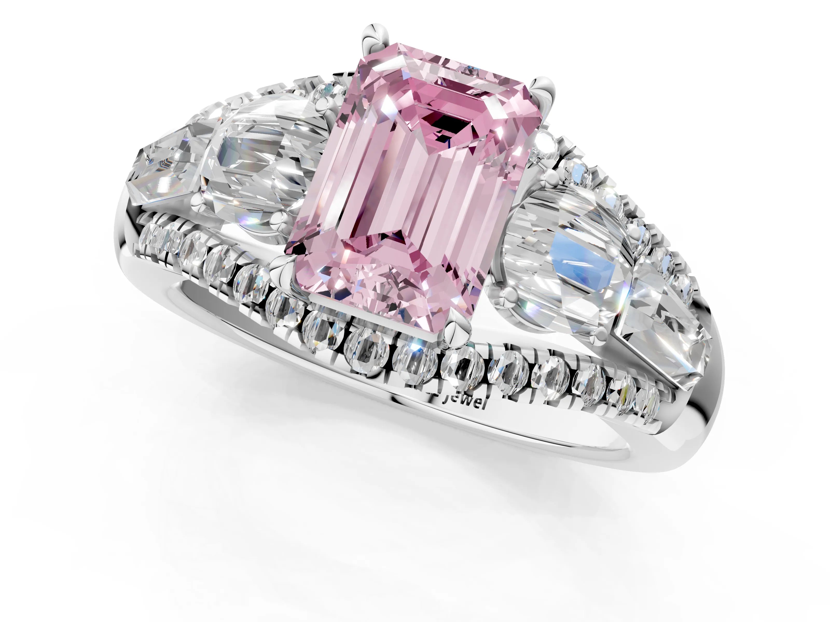White gold Three-Stone Fancy Pink Emerald Cut Diamond Engagement Ring with Pave Band and Prong Setting_25