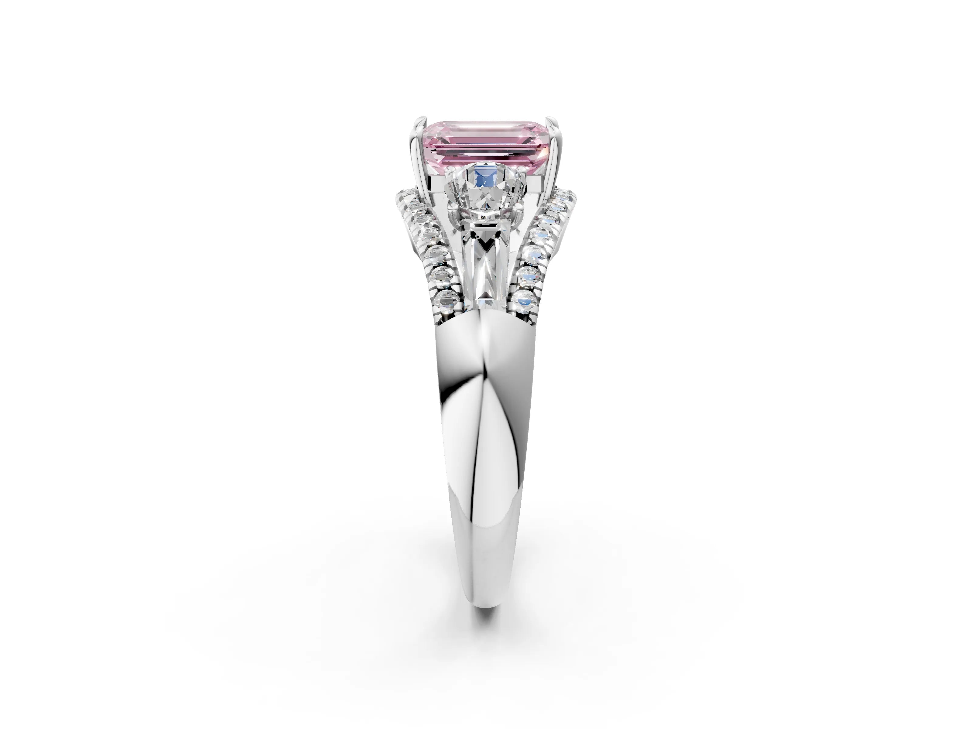 White gold Three-Stone Fancy Pink Emerald Cut Diamond Engagement Ring with Pave Band and Prong Setting_26